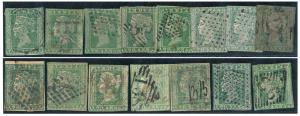 1854 2 a. Green - 15 used copies unchecked for color, watermark and cancels, one noted wit