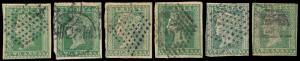 1854 2 a. Green - 6 used copies unchecked for colour, watermark and cancels. SG 31.