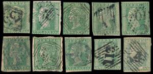 1854 2 a. Green - 10 used copies unchecked for colour, watermark and cancels. SG 31.