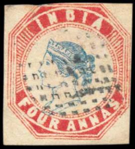 1854 4th printing Head III Frame II Blue & Red cut square with margins on 3 sides cut into