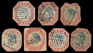 1854 4 a., 7 cut to shape copies unchecked for dies, some with faults.