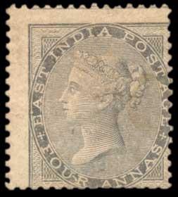 1856-64 EI QV 4 a. Grey Black, SG 46, Yellowish to White Paper, No wmk., MNH, Toned, Gum D