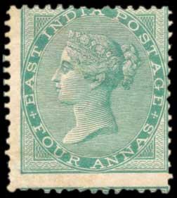 1865 EI QV 4 a. Green, SG 64, Yellowish to White Paper, wmk. Elephant Head, MNH, Gum Distu