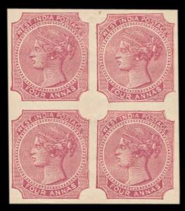 1866 QV West India Postage, 4 a., Proofs, Block of 4, MNH, Fine.