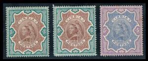 1895 QV Rs. 3 (2), SG 108, Rs. 5, SG 109, MNH, Minor Stain Spots, Fine.
