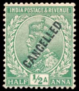 KG V ½ a. Green optd “CANCELLED” diagonally in Black, MLH, Fine.
