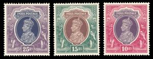 1937 KG VI Set of 3 Stamps, Rs. 10 to Rs. 25, SG 263 / 64. MLH, White Gum, Fine.
