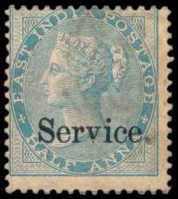 1866 EI QV Service (Small), ½ a. Pale Blue, SGO2, Yellowish to White Paper, MNH, Gum Distu