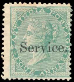 1866 EI QV Service (Small), 4 a. Green, SGO13, Yellowish to White Paper, wmk. Elephants He