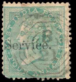 1866 EI QV Service (Small), 4 a. Green, SGO13, Yellowish to White Paper, wmk. Elephants He