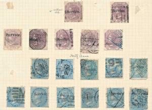 A group of 18 QV ½ a. & 8 p. stamps all with small "Service" overprint mostly early Forger