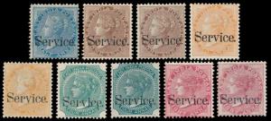 1967-73 QV Official Stamps, Set of 9 stamps, SG O20, O23/30a, optd “Service”, Type O7, (Bi