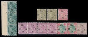 1883-99 QV Official Stamps, SG O38 Strip of 3, O42, O44 (2), O45, O46 2 Pairs, O47 & O48 o
