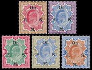 1909 KED VII Official Stamps, SG O68/72, optd On. H. M. S. (Type O9a) Rs.2 to Rs.5, MLH, F