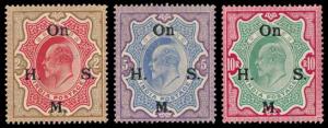 1909 KED VII Official Stamps, SG O68/70, optd On. H. M. S. (Type O9a) Rs. 2 to Rs. 5, Rs. 