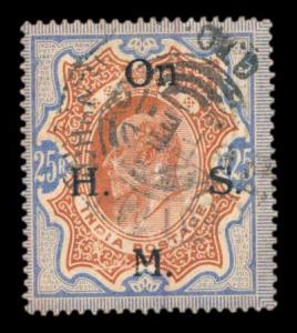 1909 KED VII Official Stamp, Rs. 25, Brownish Orange & Blue, optd. On. H.M.S., Type O9, SG