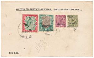 1933 On His Majesty's Service, Registered Parcel, card used from both sides, tied with 192
