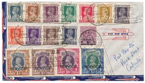 1947 KG VI set of 16 Service Stamps, 3 p. to Rs. 5, SG O138/150, on single cover tied with