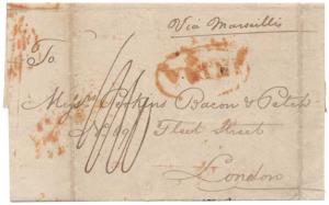 1846, Entire Letter from Bombay to London with “INDIA” oval shape dispatch cancel in Red, 