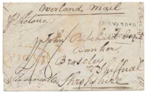 183/83/8 Folded letter to UK with manuscript "Overland Mail / per Victoria" with boxed "FO