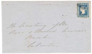 1854 Die I ½ a. Blue with good to large margins all around on folded letter from Elypoor t