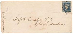 Cover bearing 1854 Die I ½ a. with variety "H" for second "N" in ANNA tied by diamond of d
