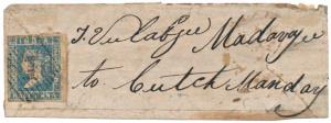Folded letter bearing 1854 Die I ½ a. Pale-Blue tied by "1" in diamond of diagonal bars wi