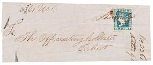 1855 folded letter from Calcutta to Tirhoot bearing 1854 Die III ½ a. Pale-Blue with margi