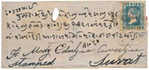 1854 Die III ½ a. Greenish-Blue with margins all around on folded letter (with faults) fro