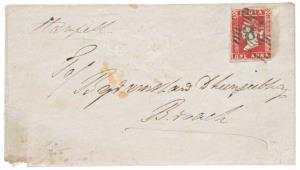 1855 cover bearing 1854 1 a. Die I Deep Red from Baroda to Broach.