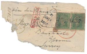 1854 2 a. x 2 on part cover to UK cancelled by "137" in diamond of horizontal bars with ma