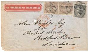 Cover with QV 1 a. (2) & 4 a. tied by Type 4, cancellation to London via Marseilles with L