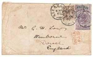 1867 Cover with 1866 QV 6 a. Purple, SG 66, Postal Fiscal, from Allahabad to England, with