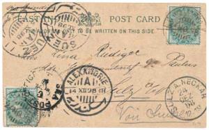 1898, Early Color Post card from Calcutta to Alexandria via Suez, Fine.