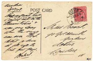 1908 Picture Post Card with KED VII 1 a. Perfin tied by “MADRAS” CDS dated 3/12/1905, Scar