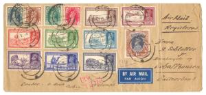 1938, Registered Air Mail cover from Cochin to Switzerland with KG VI set of 13 Stamps, 3 