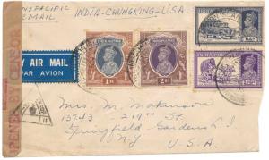 1941 Transpacific Air Mail cover, India – Chunking –USA, with KG VI Rs. 1 (2) , SG 259, Pe
