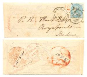 1865 cover from Pulney Hills to Madras with original letter of condolence inscribed “Pulne