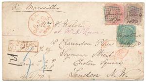 1870 Registered cover from Calcutta to London bearing 8 p., 4 a. & 8 a. each tied by diamo