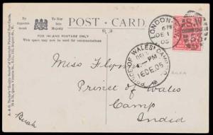 1905 Christmas Greetings Post Card from London addressed to Price of Wale's Camp India, wi