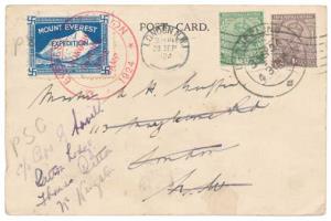 1924 Mt. Everest Expedition Post Card addressed to UK, Mount Everest Expedition 1924 Label