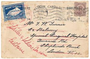 1924 Mt. Everest Expedition Post Card addressed to UK, Mount Everest Expedition 1924 Label