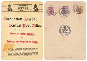 1911 CORONATION DURBAR folder with KG V, 3 stamps, all with Special Durbar franking, Scarc