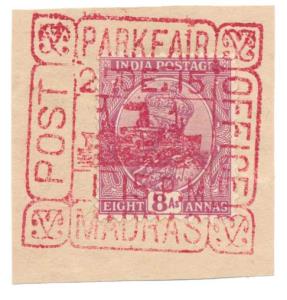 1915, KG V ½ a., on piece of Paper tied with “PARK FAIR / POST / OFFICE / MADRAS” Pictoria