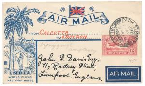 First Flight Cover, Calcutta – Croydon, Air Mail 12a., Rose Red, SG 225, tied by “PARK STR