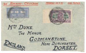 Air Mail Cover, to England via Karachi – Croydon, dated 13/1/1931, with Inauguration of Ne