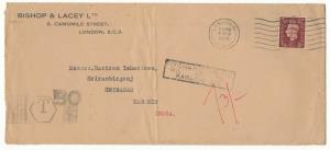 1938 Cover from England to India tied with GB 1 ½ d, “FOREIGN POSTAGE DUE/ RS. AS. PS. / K