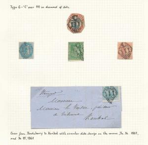 India Used Pondicherry, QV Lithograph 2 a. Green, 4 a. Blue Die & Red Frame, Cut to Shape,