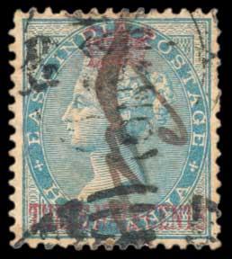 Straits Settlements 1867 11/2 c surcharge in red on QV ½ a. Blue Die I SG 1, high catalogu