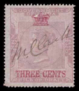 Straits Settlements 3c on 1 a. QV Bill or Draft stamp, Very Rare.
